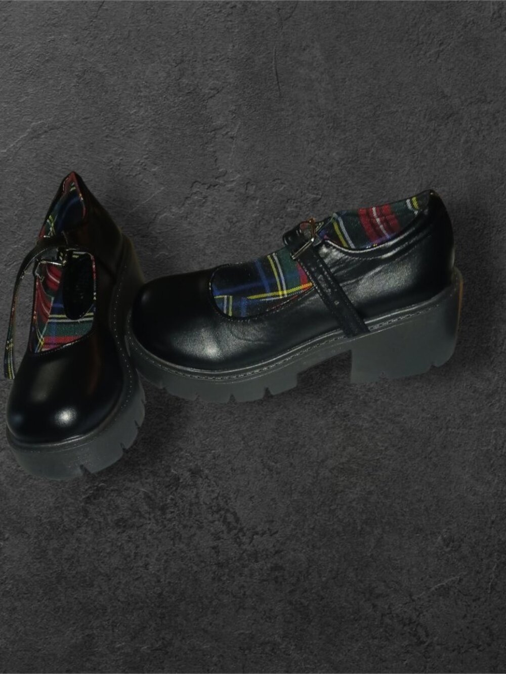 Fashion Black Mary Jane Platform Shoes Plaid Accent Size 8.5
